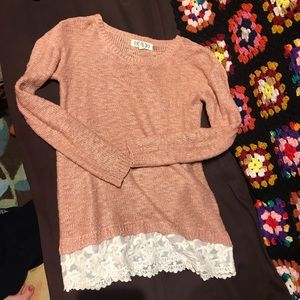 Pink Rose Sweater with Lace Layer Hem